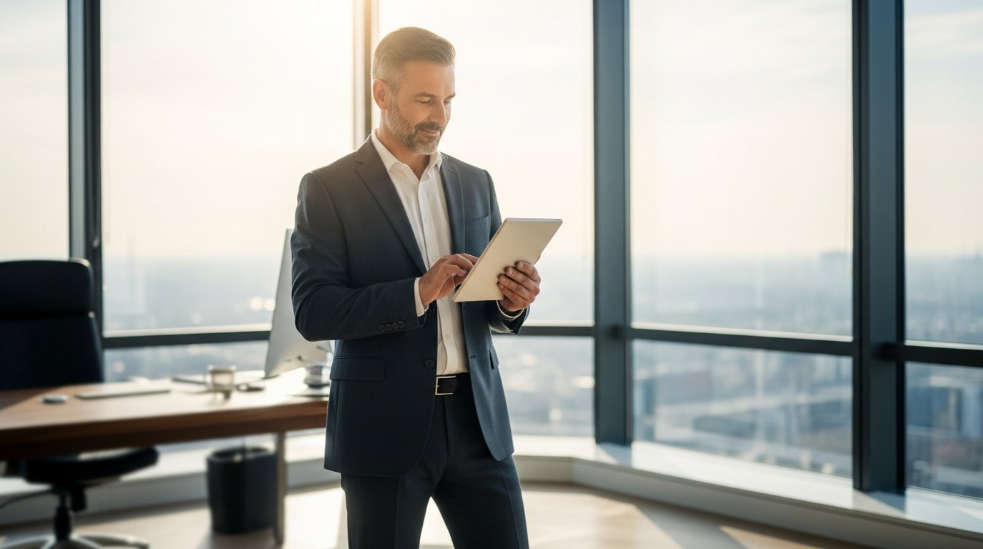 Executive reviewing analytics reports on a tablet in a corner office