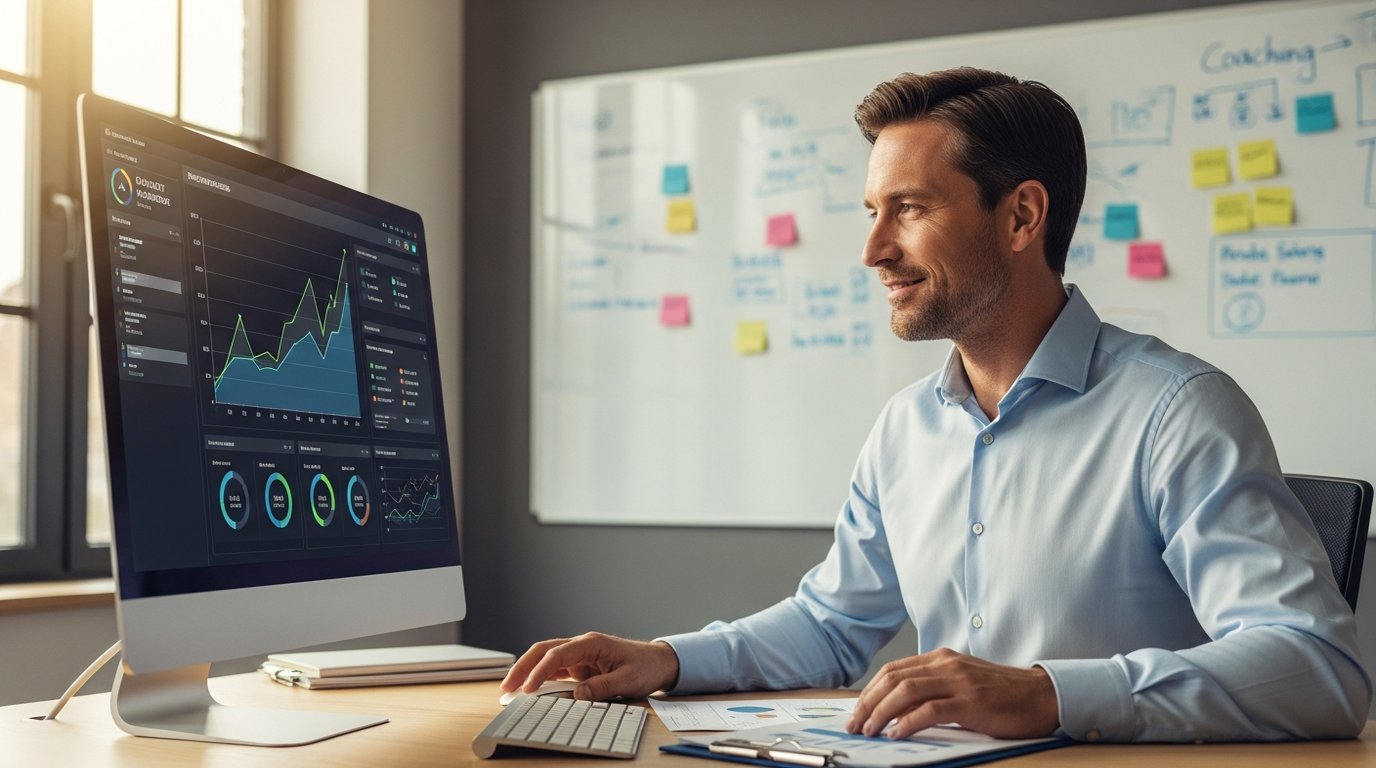 Quality manager reviewing AI coaching metrics with improving trends