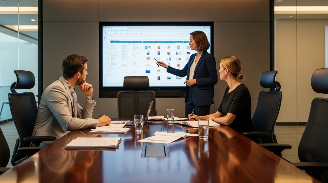 Executive team evaluating platform options in a modern boardroom