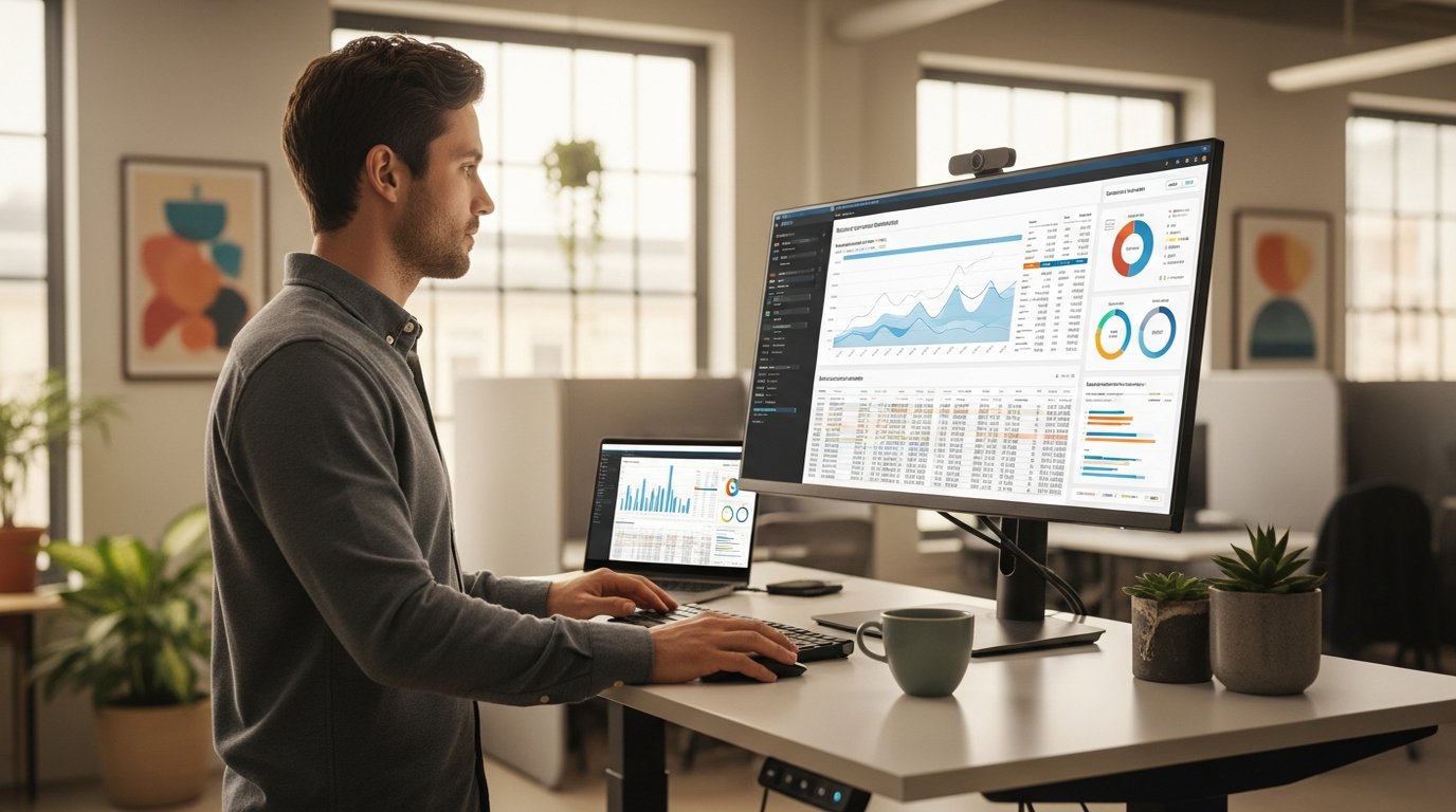 Marketing analyst reviewing customer segmentation data on an ultrawide monitor
