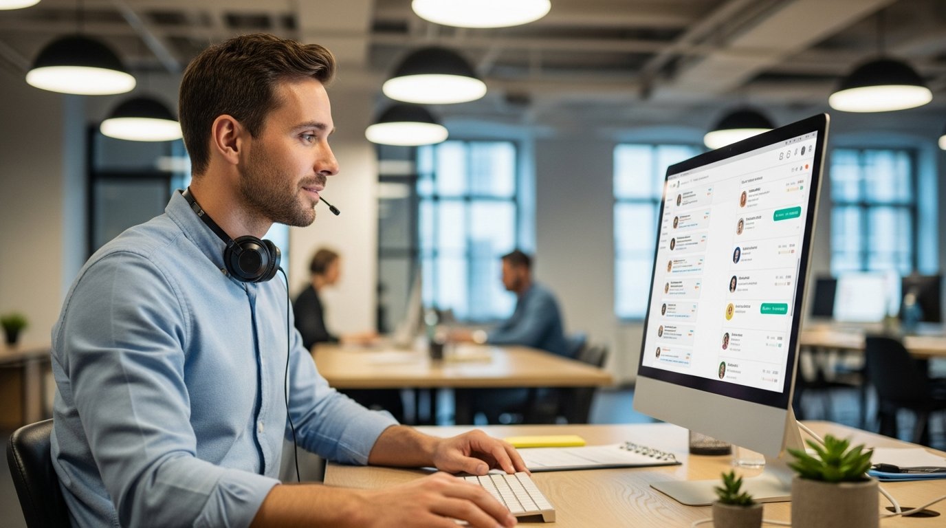 Customer experience manager reviewing conversation threads with a caring expression