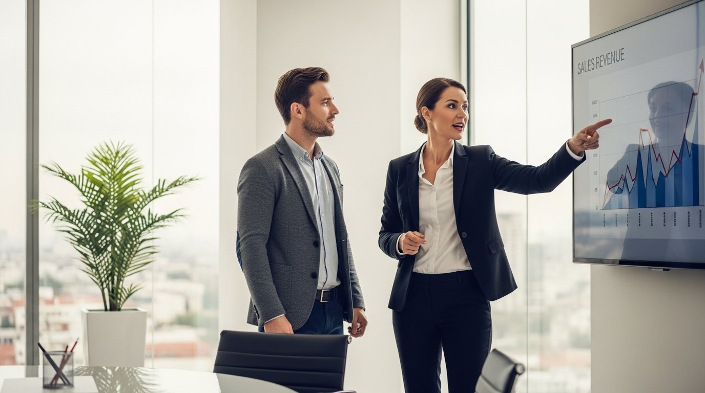Sales director reviewing upward-trending revenue attribution charts