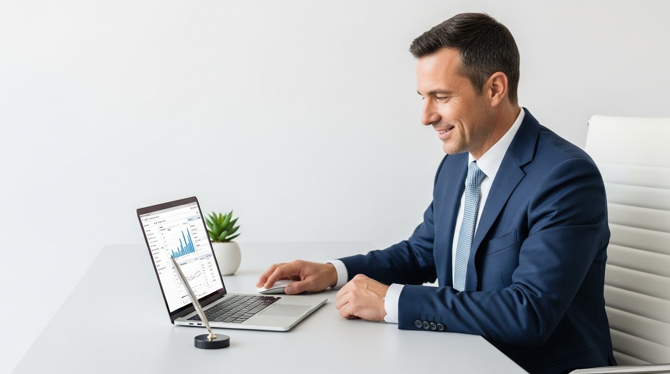 Finance director reviewing AI cost metrics on a laptop with satisfaction