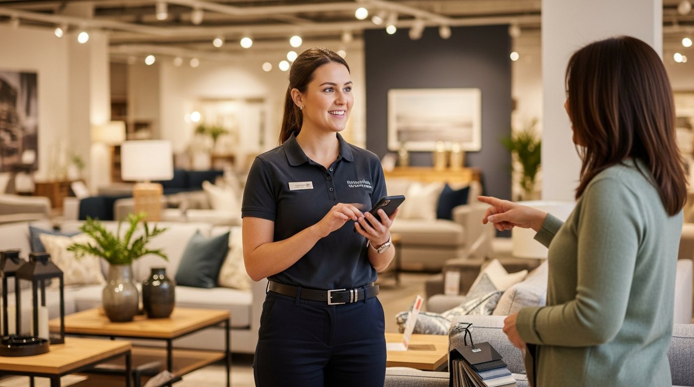 Retail agent using mobile dashboard while assisting a customer on the showroom floor