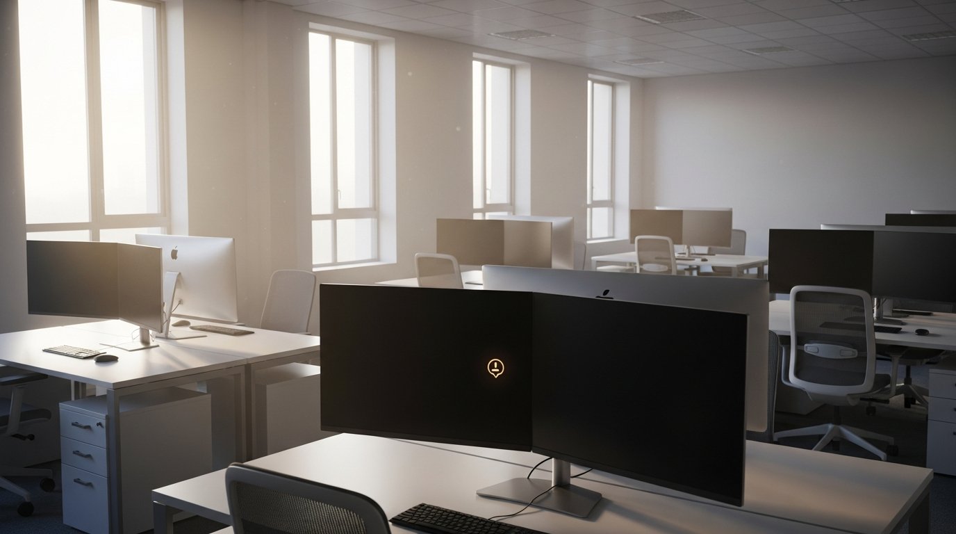 Empty customer support office at dawn with morning light streaming through windows