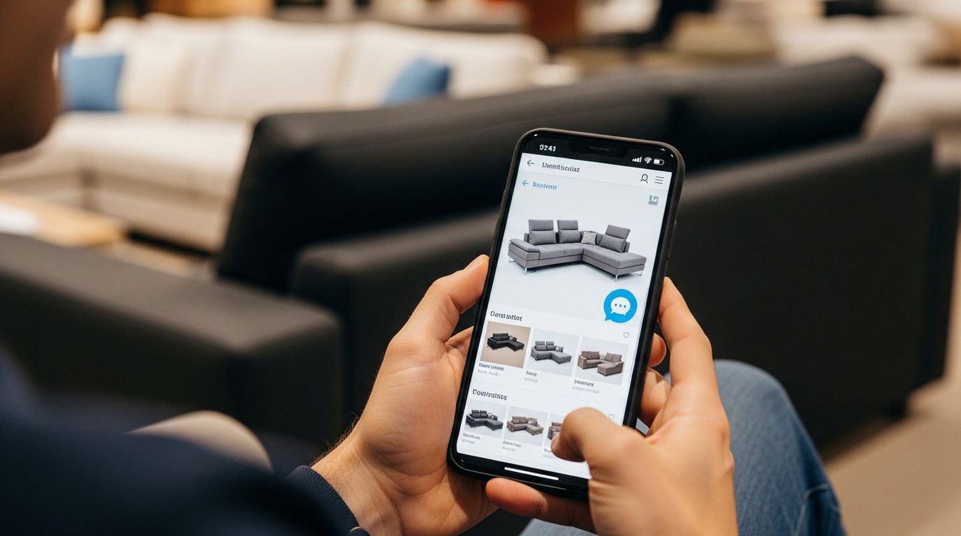 Customer browsing a furniture product page with AI chat assistance on their phone