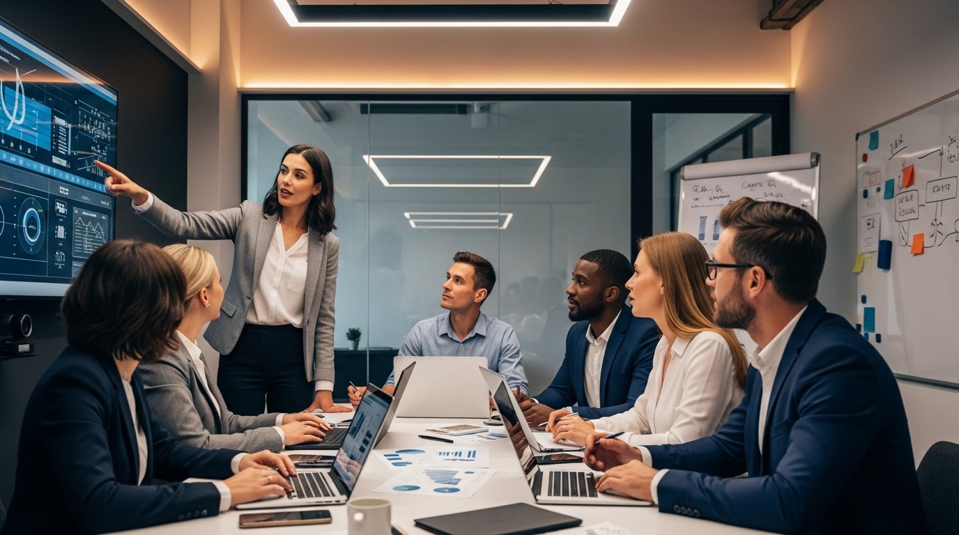 Business team collaborating on pipeline configuration in a modern office