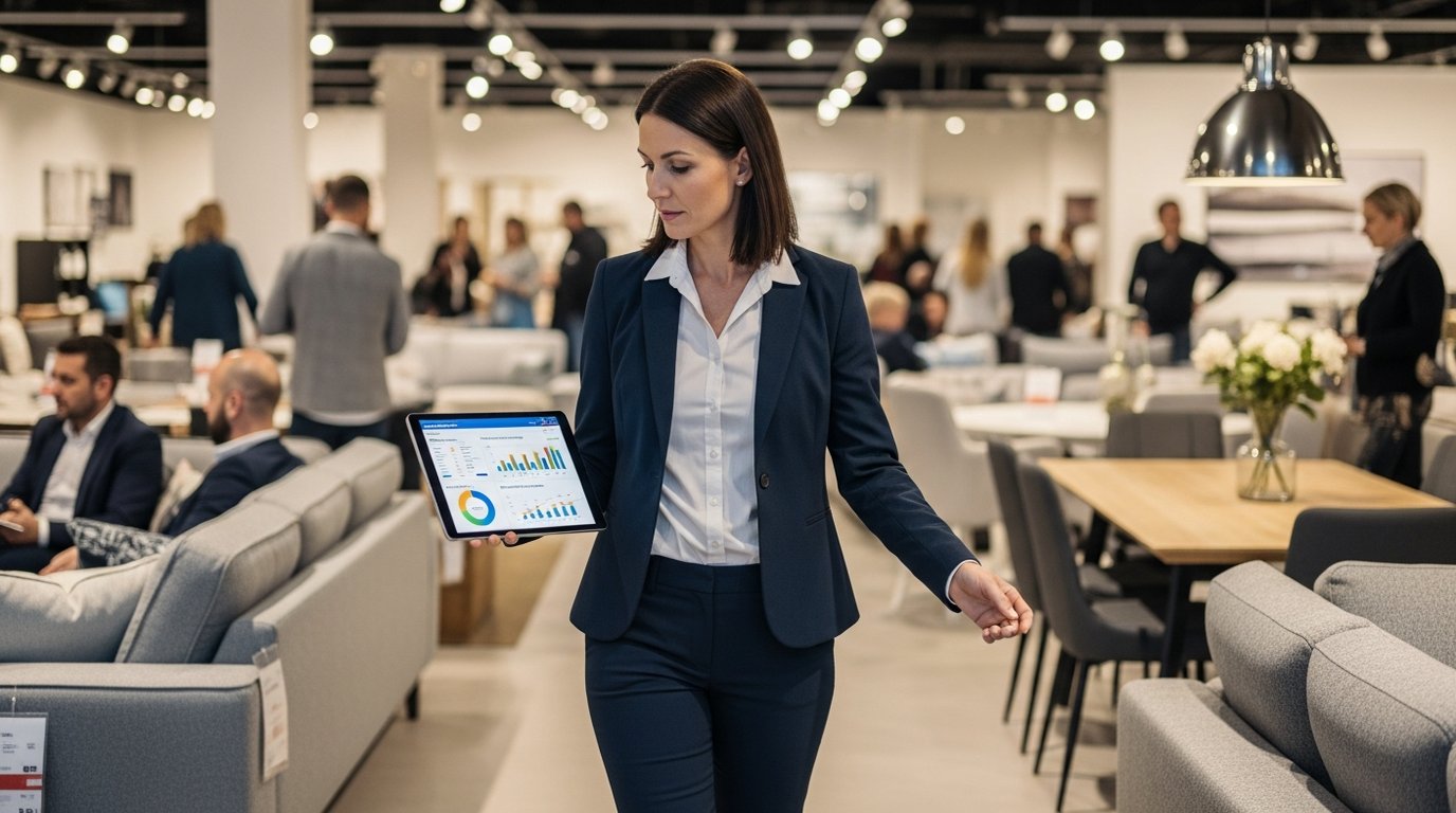 Retail executive reviewing predictive analytics on a tablet in a furniture showroom