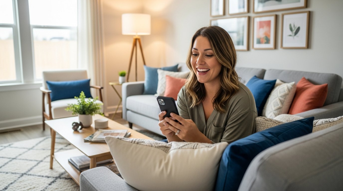Happy customer receiving a proactive notification on her phone at home