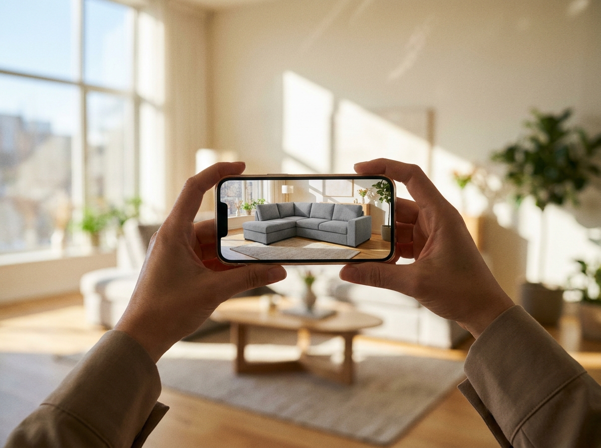 AI-powered room design workspace showing furniture placement