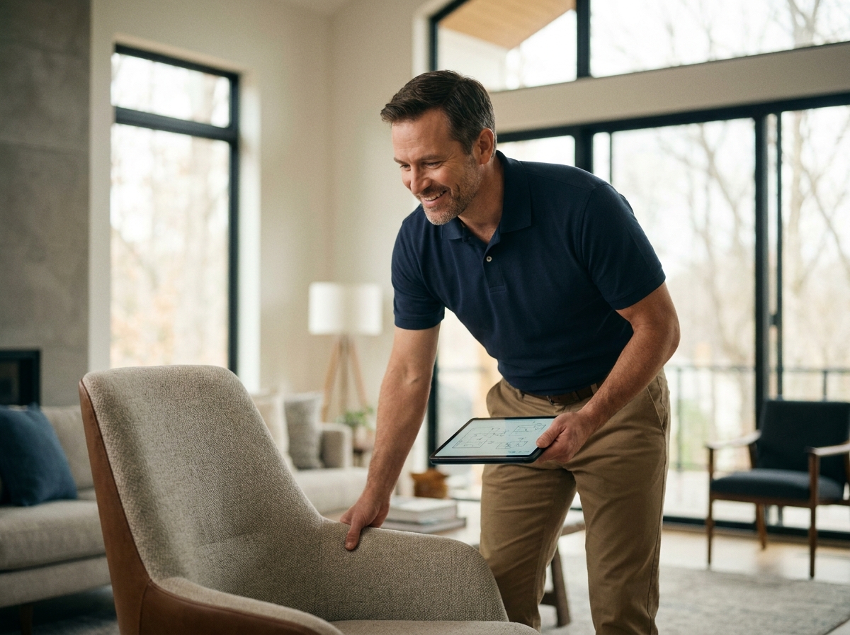 Service technician examining furniture