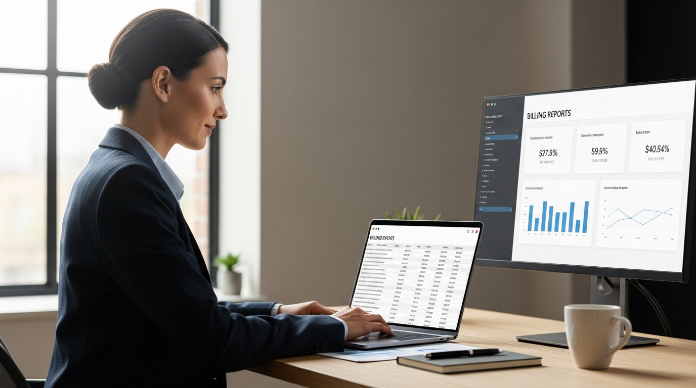 Finance professional reviewing billing dashboard with a satisfied expression