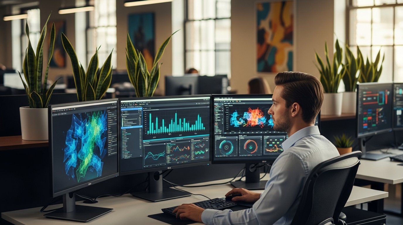 Data analyst reviewing visitor analytics on multiple monitors